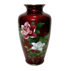 VTG SIGNED SATO RED PIGEON BLOOD JAPANESE CLOISONNE SILVER VASE 7.25" TALL